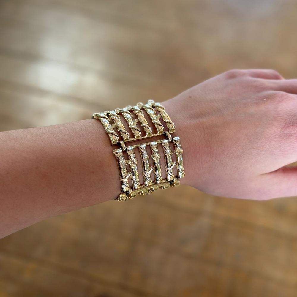 Rare Vintage Coro Bracelet Gold Tone Textured Bark‎ Finish Wide MCM Signed
